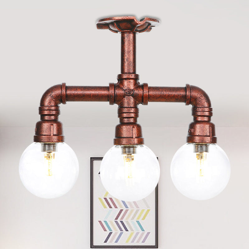 Rustic Global Semi-Flush Ceiling Fixture 3/4-Light Clear Glass Flush Mount Lighting in Copper