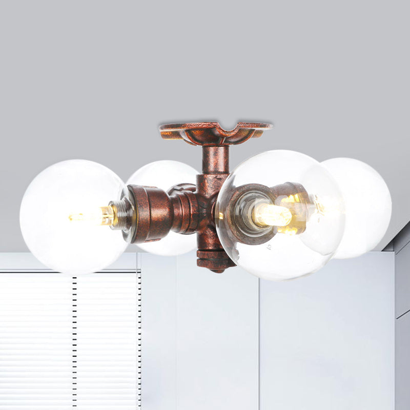 Rustic Global Semi-Flush Ceiling Fixture 3/4-Light Clear Glass Flush Mount Lighting in Copper