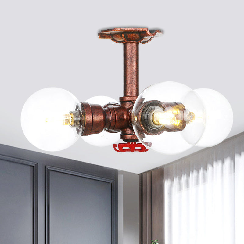 Rustic Global Semi-Flush Ceiling Fixture 3/4-Light Clear Glass Flush Mount Lighting in Copper