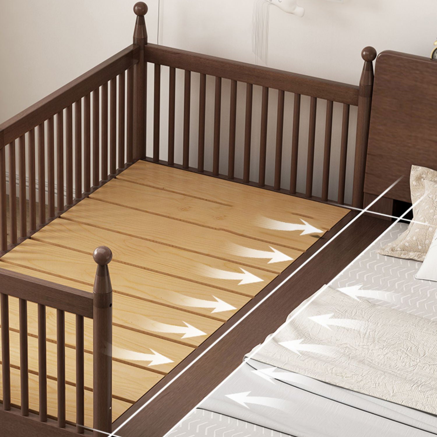 Solid Wood Washed Natural Nursery Bed Traditional with Guardrail