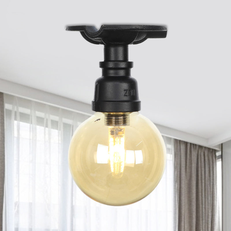 Lámpara industrial semi empotrada de vidrio ámbar global, lámpara montada en techo para vestíbulo de 1 cabezal, en negro