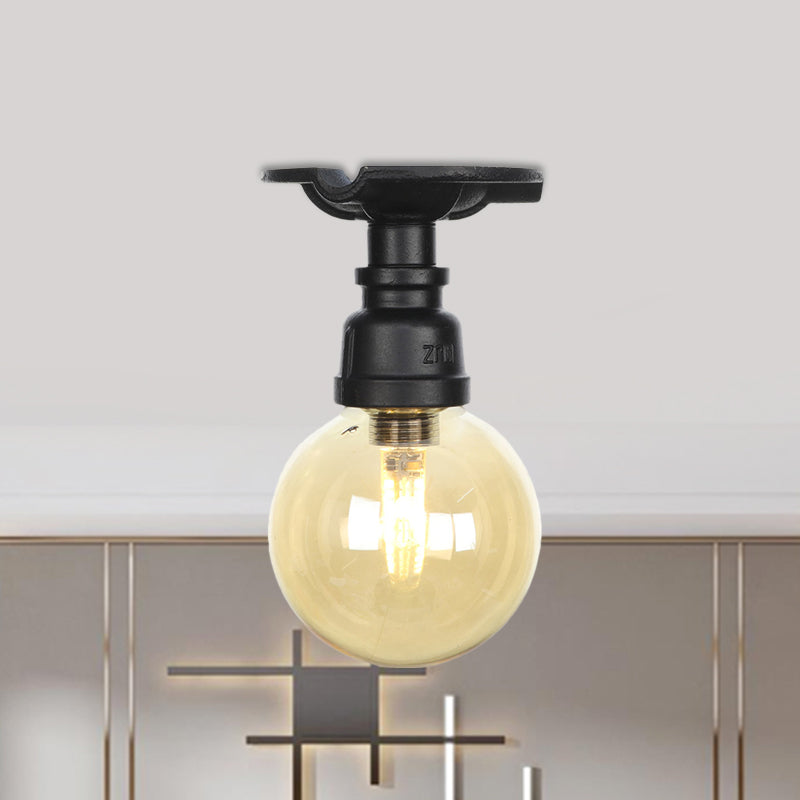 Lámpara industrial semi empotrada de vidrio ámbar global, lámpara montada en techo para vestíbulo de 1 cabezal, en negro