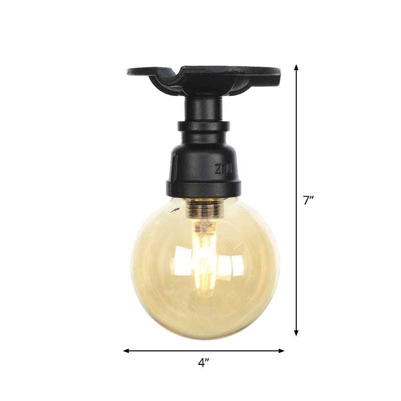 Lámpara industrial semi empotrada de vidrio ámbar global, lámpara montada en techo para vestíbulo de 1 cabezal, en negro