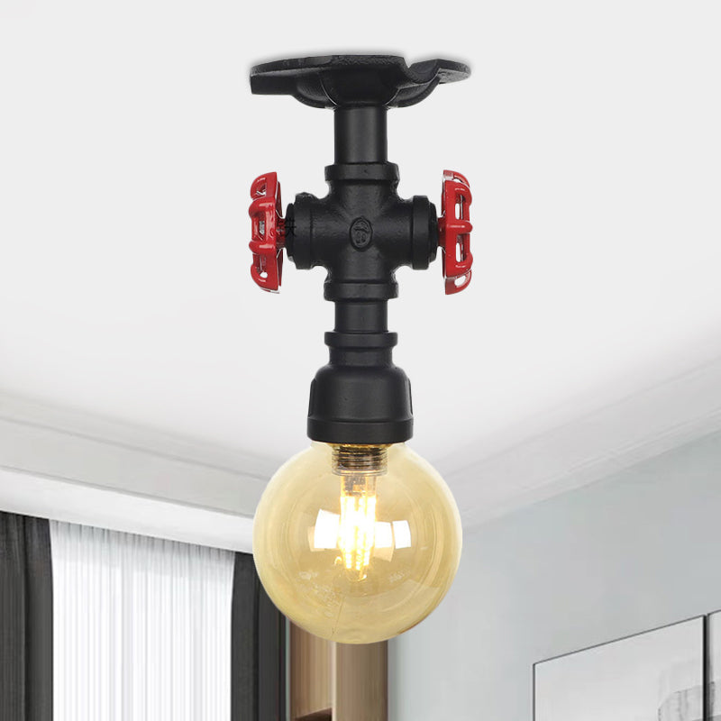 Lámpara industrial semi empotrada de vidrio ámbar global, lámpara montada en techo para vestíbulo de 1 cabezal, en negro