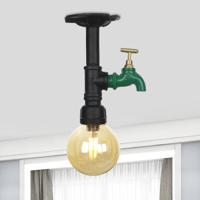 Lámpara industrial semi empotrada de vidrio ámbar global, lámpara montada en techo para vestíbulo de 1 cabezal, en negro