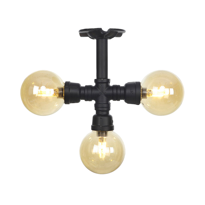 3/4 bulbes Semi-mont Lighting Corridor Corridor Flush Lampe With Globe Amber Glass Shade en noir