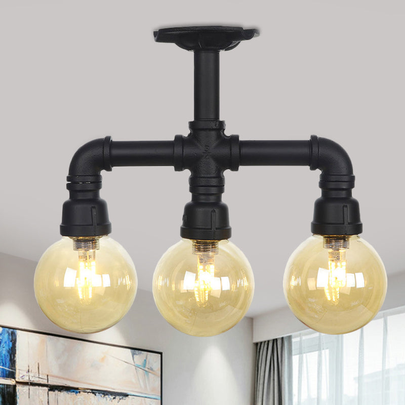 3/4 bulbes Semi-mont Lighting Corridor Corridor Flush Lampe With Globe Amber Glass Shade en noir