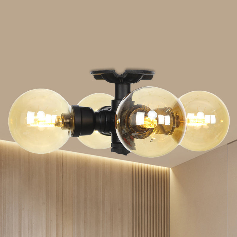 3/4 bulbes Semi-mont Lighting Corridor Corridor Flush Lampe With Globe Amber Glass Shade en noir