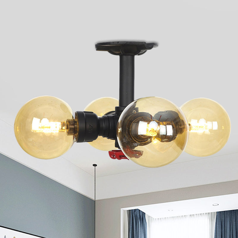3/4 bulbes Semi-mont Lighting Corridor Corridor Flush Lampe With Globe Amber Glass Shade en noir