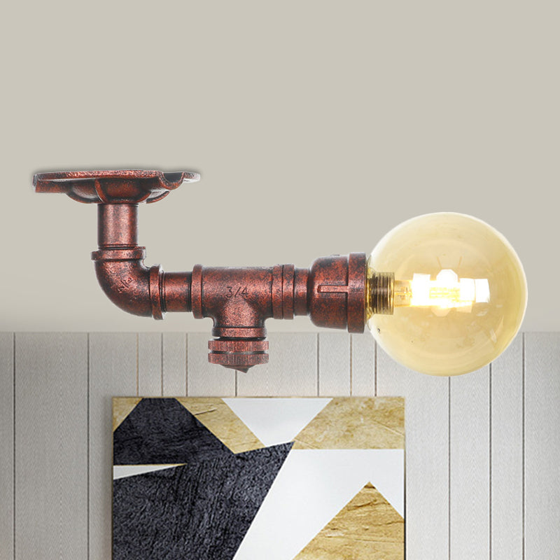 Antiqued Global Semi Flush Lighting 1 lamp amberkleurig glas LED dichtbij plafondlamp in koper