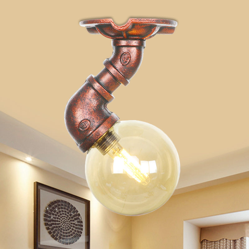 Antiqued Global Semi Flush Lighting 1 lamp amberkleurig glas LED dichtbij plafondlamp in koper