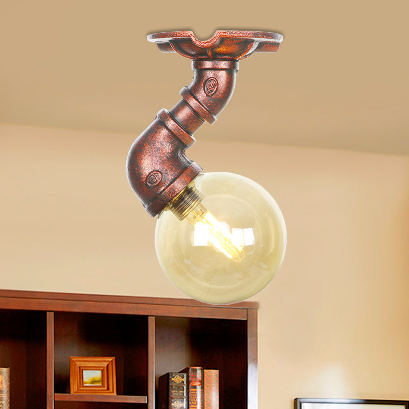Antiqued Global Semi Flush Lighting 1 lamp amberkleurig glas LED dichtbij plafondlamp in koper