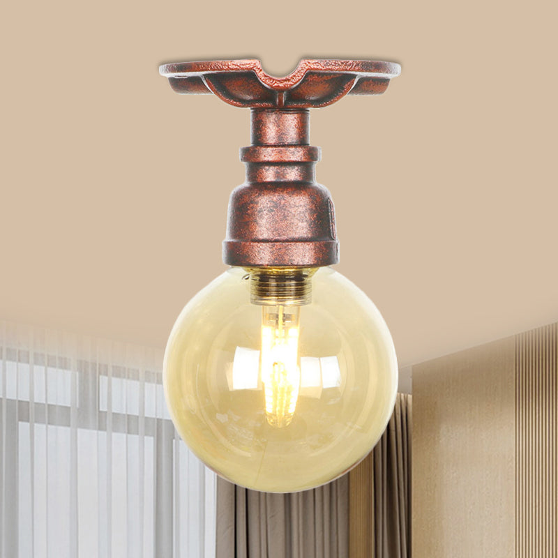 Copper Finish 1 Light Semi Flush Mount Vintage Amber Glass Orb Flush Ceiling Lamp Fixture