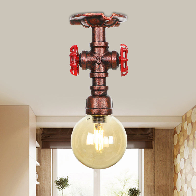 Copper Finish 1 Light Semi Flush Mount Vintage Amber Glass Orb Flush Ceiling Lamp Fixture