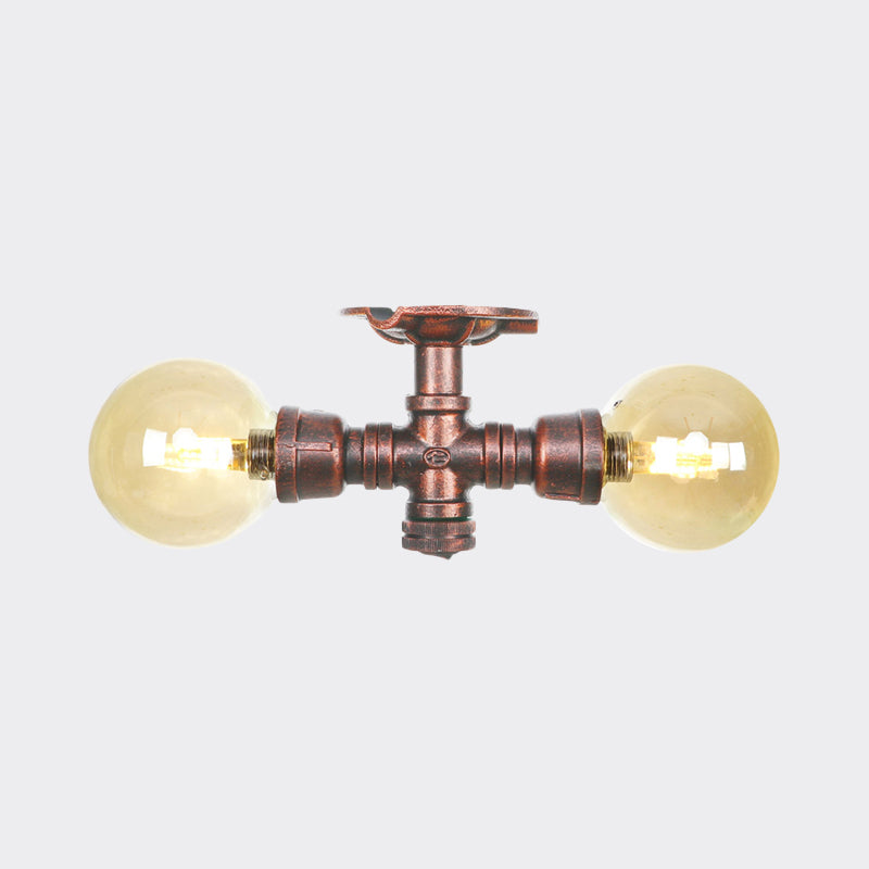Plafonnier LED en verre ambré et cuivre, boule lumineuse à 2 têtes, luminaire de plafond semi-encastré pour ferme