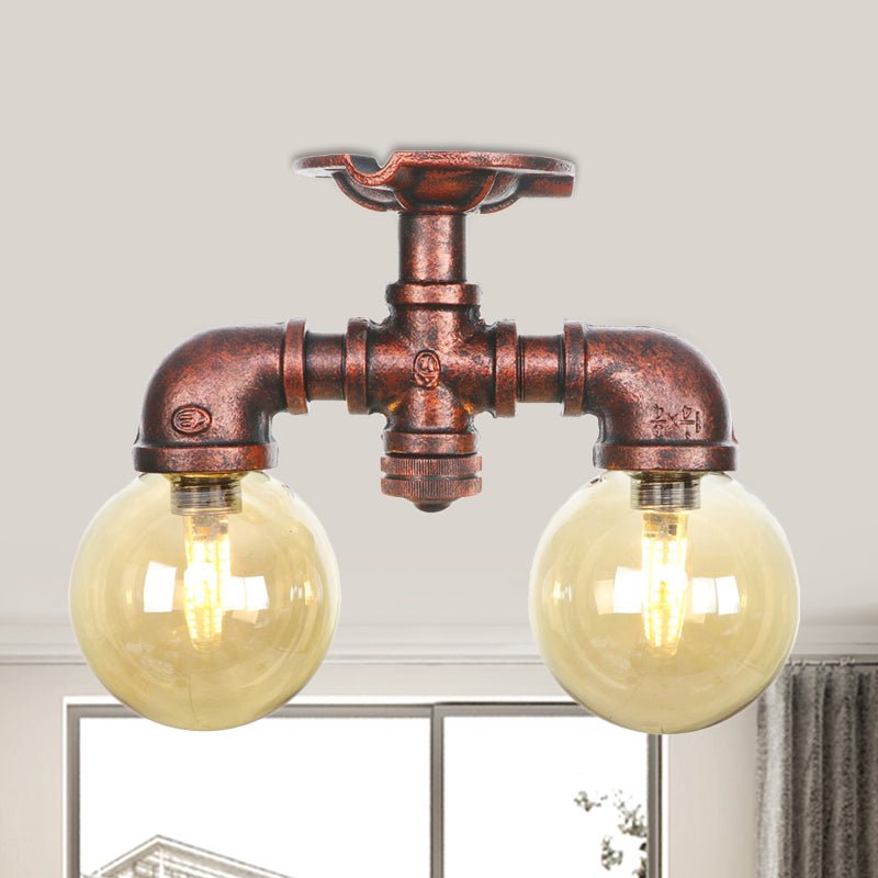 Plafonnier LED en verre ambré et cuivre, boule lumineuse à 2 têtes, luminaire de plafond semi-encastré pour ferme