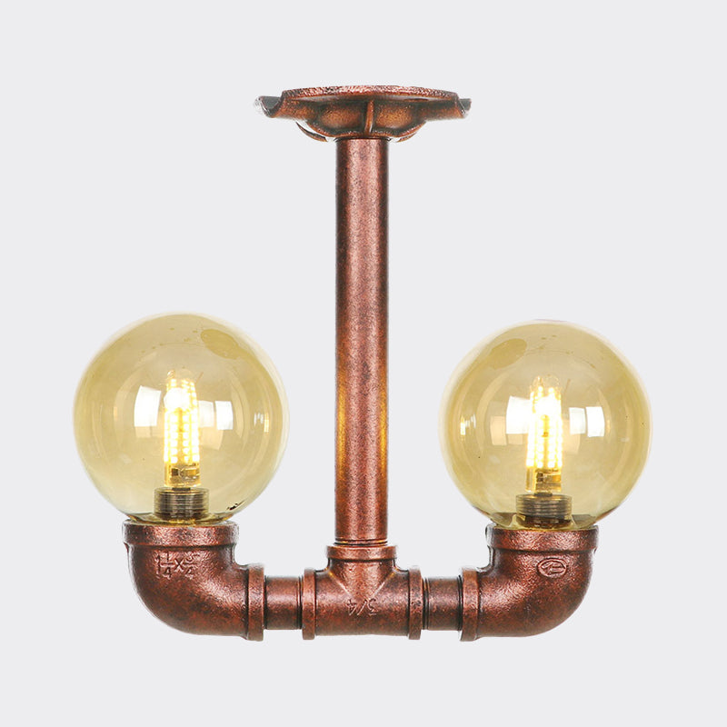 Orb Restaurant Semi Flush Light Fixture Rustic Amber Glass 2 Lights Copper Flush Lamp