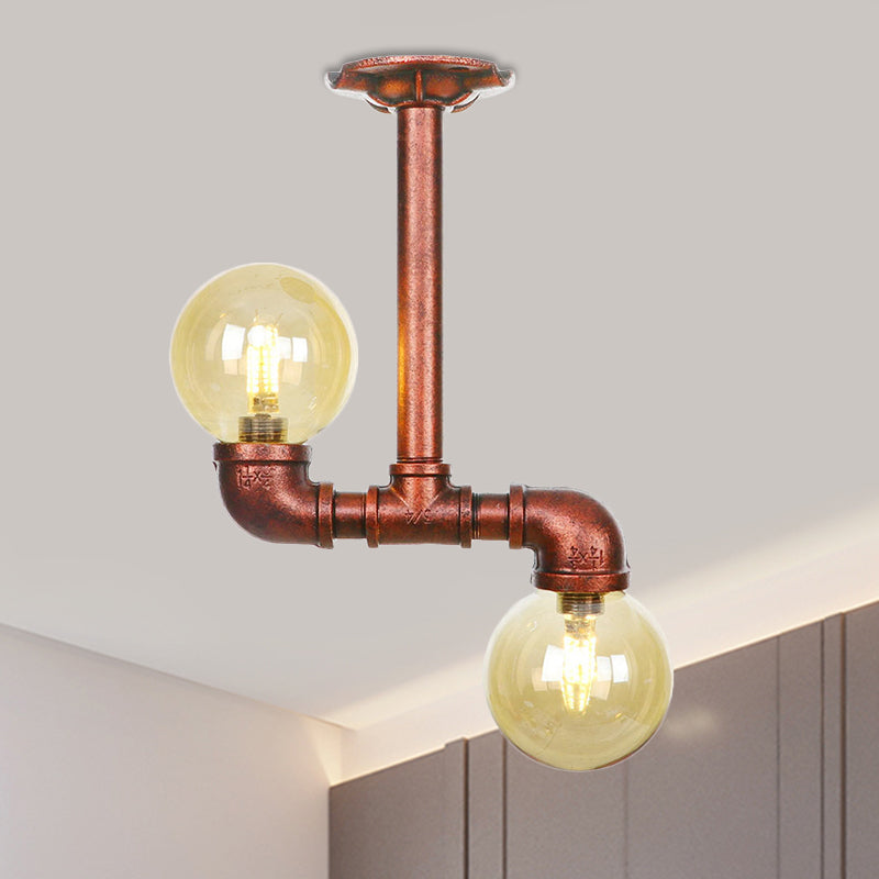 Orb Restaurant Semi Flush Light Fixture Rustic Amber Glass 2 Lights Copper Flush Lamp