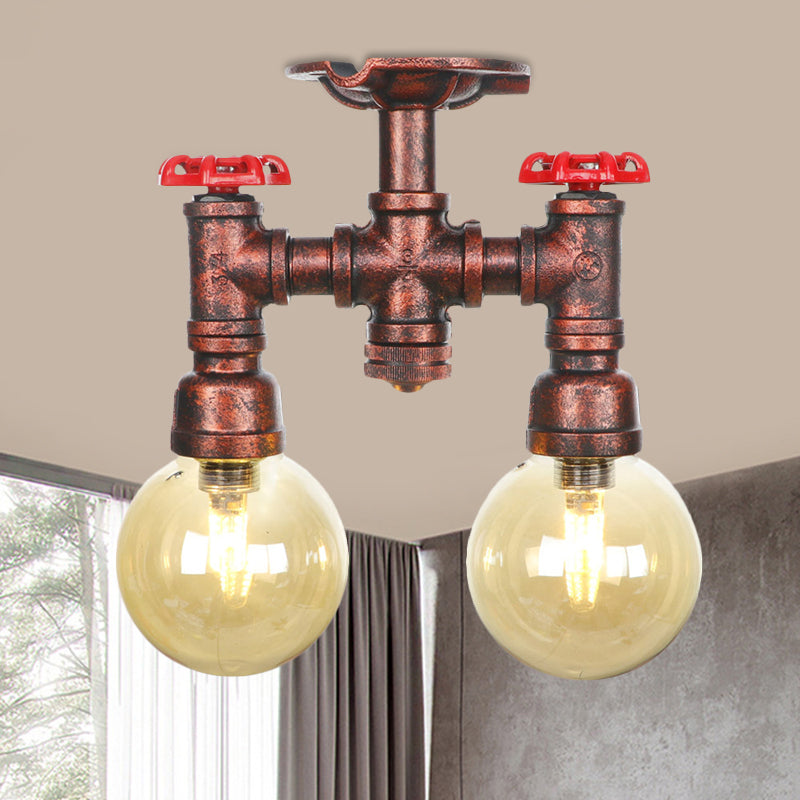 Orb Restaurant Semi Flush Light Fixture Rustic Amber Glass 2 Lights Copper Flush Lamp