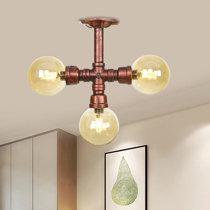 Bernsteinglas Kupfer halb Flush Light Kugel 3/4-Bulb Farmhouse LED-Decke montiert