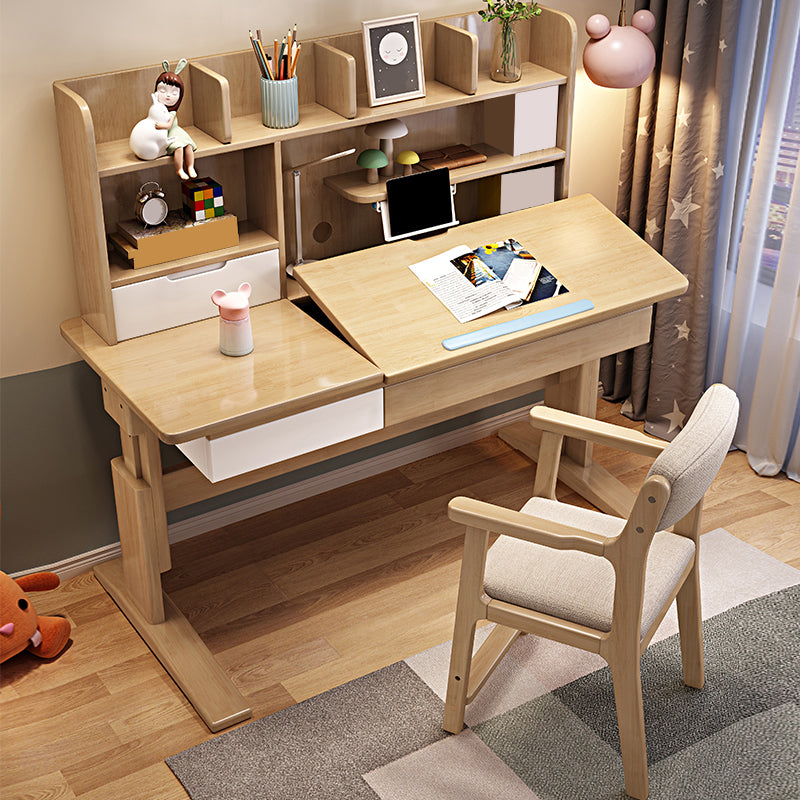 Adjustable Wooden Kids Desk with Hutch Natural Writing Desk and Chair Set with Drawer