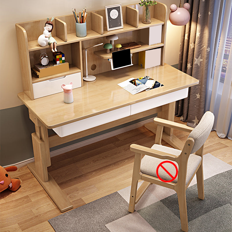 Adjustable Wooden Kids Desk with Hutch Natural Writing Desk and Chair Set with Drawer