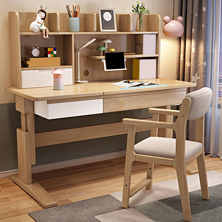 Adjustable Wooden Kids Desk with Hutch Natural Writing Desk and Chair Set with Drawer