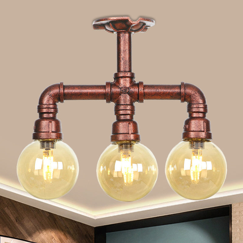 Bernsteinglas Kupfer halb Flush Light Kugel 3/4-Bulb Farmhouse LED-Decke montiert