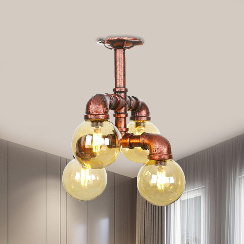 Farmhouse Global Semi Mount Lighting 4/5/6-Light Amber Glass LED Flush Lamp Fixture in Copper
