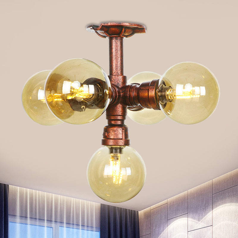 Farmhouse Global Semi Mount Lighting 4/5/6-Light Amber Glass LED Flush Lamp Fixture in Copper
