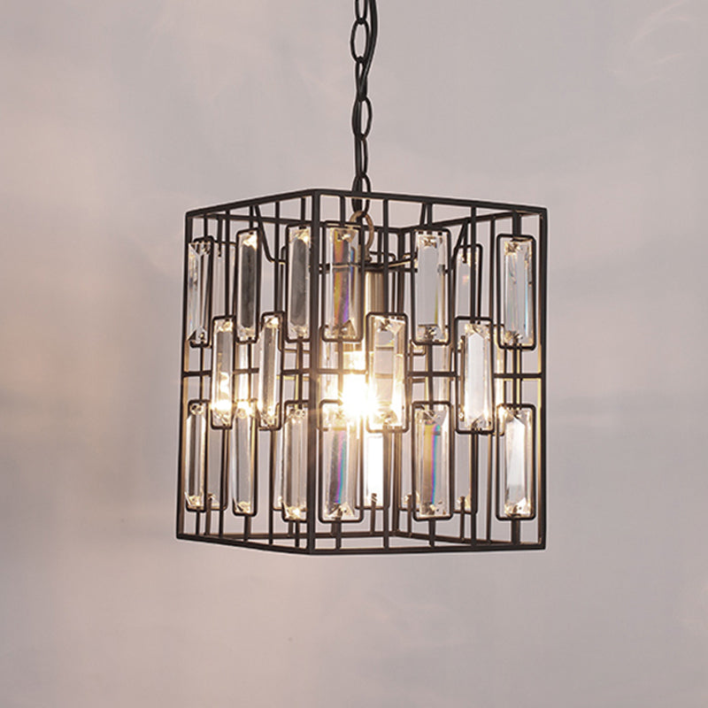 1 Kopf quadratischer Drahtkäfig Anhänger Lampe Industrie Messing Eisenhänge Deckenleuchte mit eingesperrten Kristallen