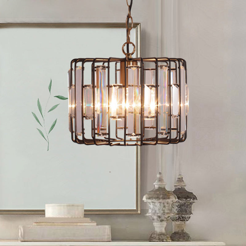 Crystal Embedded Brass Hanging Light Drum Cage 11"/13" Wide 1-Light Rustic Ceiling Pendant for Living Room