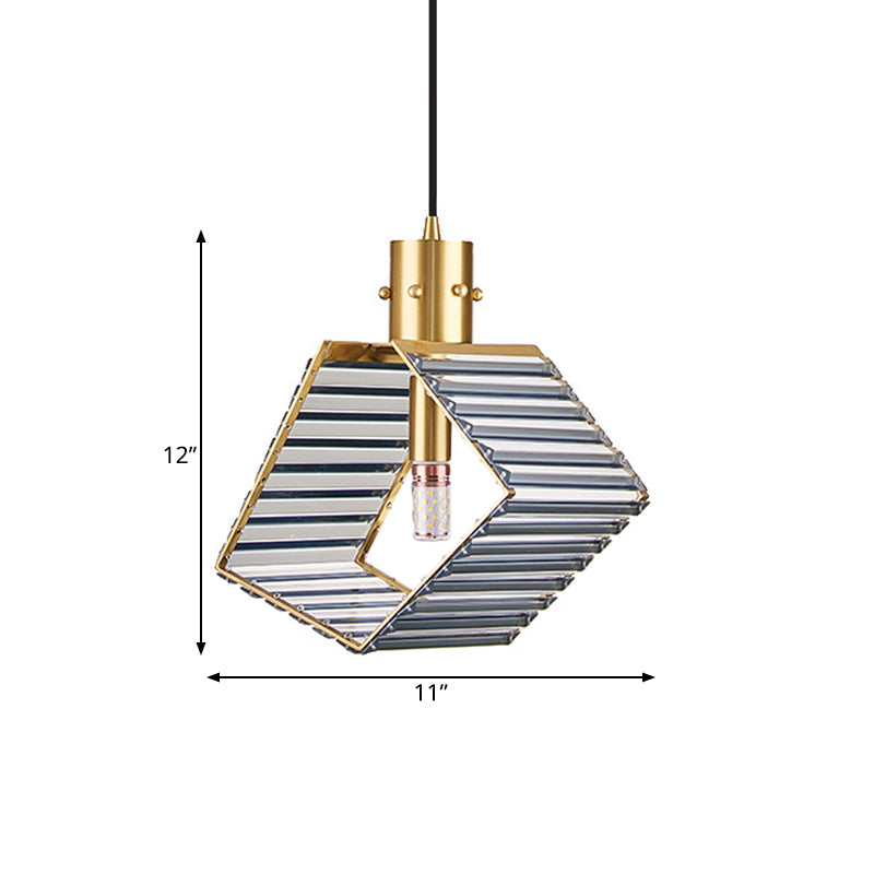 4-Side Prismatic Crystal Suspension Lamp Mid Century Single Bulb Dining Table Pendant Lighting Fixture in Brass