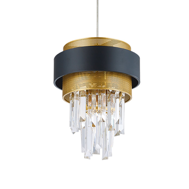 Retro Layered Hanging Lamp 1 Bulb Crystal Rod Suspension Lighting with Black and Gold Circle Guard