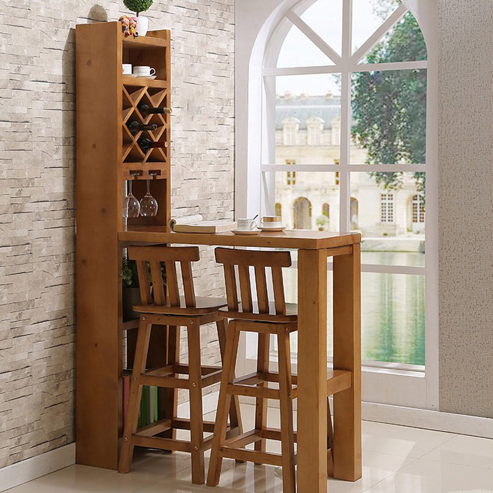 Brown Pine Wood Bistro Table with Storage Modern Pub Table for Living Room