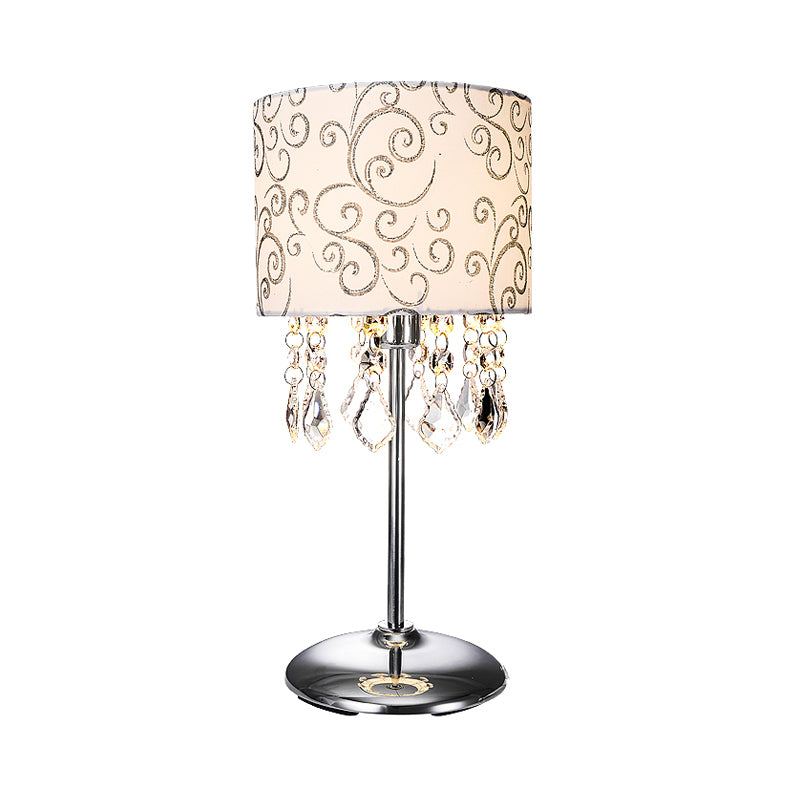Lámpara nocturna de tela cilíndrica con estilo moderno de la mesa de dormitorio de 1 luz en níquel con patrón de remolino y cortina de cristal