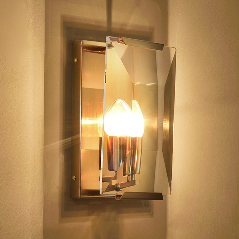 Mid Century Rectangle Wall Sconce 1-Light Metal Wall Mounted Fixture in Brass with Trapezoid Clear/Seedy Crystal Shield