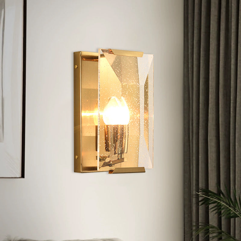 Mid Century Rectangle Wall Sconce 1-Light Metal Wall Mounted Fixture in Brass with Trapezoid Clear/Seedy Crystal Shield