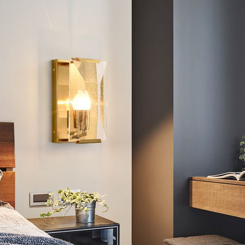 Mid Century Rectangle Wall Sconce 1-Light Metal Wall Mounted Fixture in Brass with Trapezoid Clear/Seedy Crystal Shield