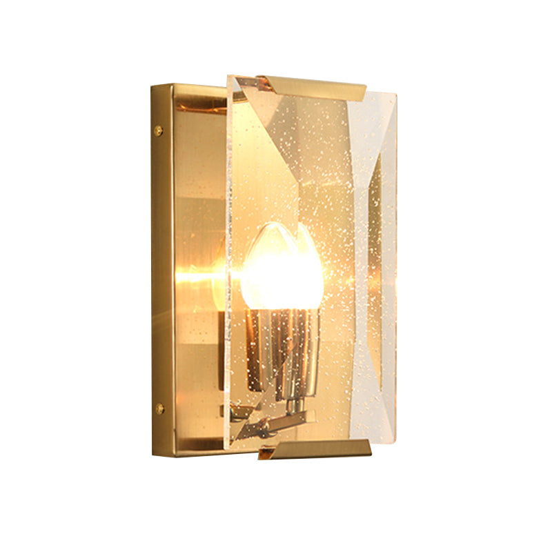 Mid Century Rectangle Wall Sconce 1-Light Metal Wall Mounted Fixture in Brass with Trapezoid Clear/Seedy Crystal Shield
