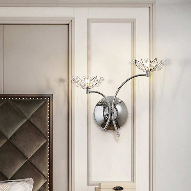 Chrome Flower Wall Mounted Lamp Modern Iron 2 Bulbs Bedside Sconce with Crystal Stamen