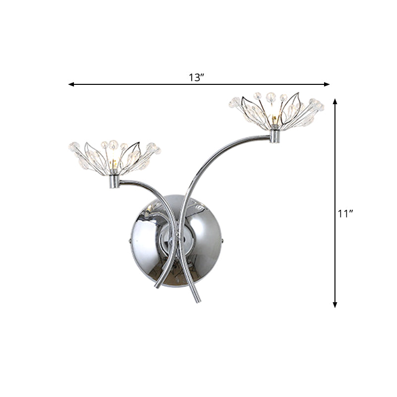 Chrome Flower Wall Mounted Lamp Modern Iron 2 Bulbs Bedside Sconce with Crystal Stamen