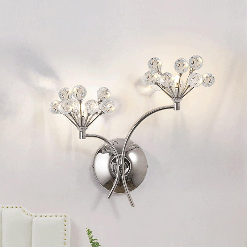 Crystal Orbs Floral Wall Lighting Modern Style 2 Lights Living Room Sconce Light Fixture in Chrome