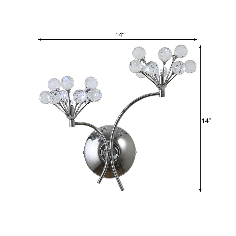 Crystal Orbs Floral Wall Lighting Modern Style 2 Lights Living Room Sconce Light Fixture in Chrome