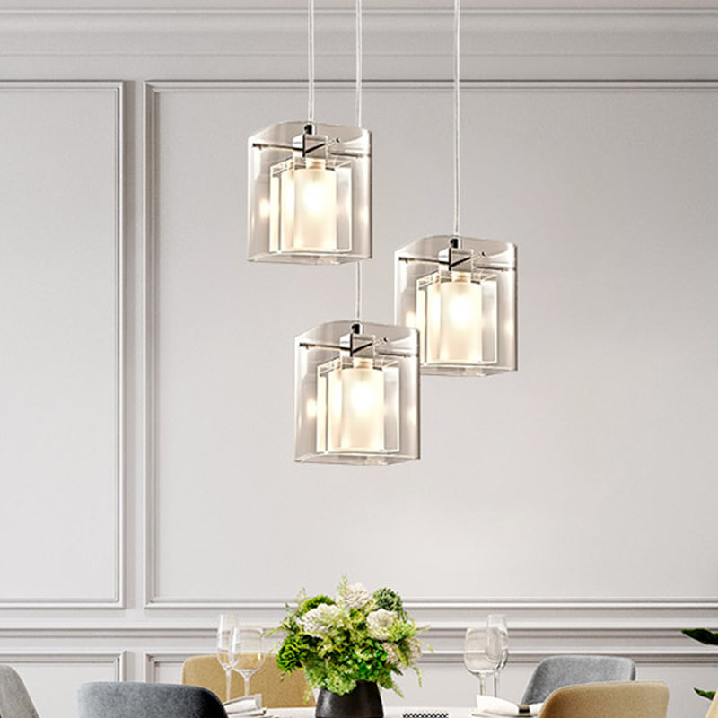 3-Shade Cuboidal Dining Hall Drop Pendant Simplicity Crystal 3 Bulbs Chrome Multi Light Ceiling Light