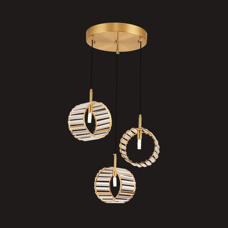 3-Light Cluster Circle Pendant Minimalist Brass Clear Ribbed Crystal Ceiling Hanging Light