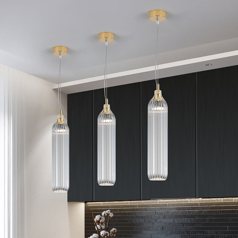 Cylinder Hanging Lighting Vintage Clear/Light Grey Ribbed Glass 1 Light Dining Room LED Pendant Lamp