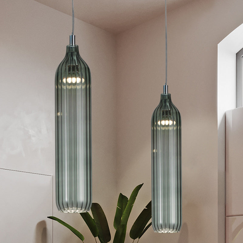 Cylinder Hanging Lighting Vintage Clear/Light Grey Ribbed Glass 1 Light Dining Room LED Pendant Lamp