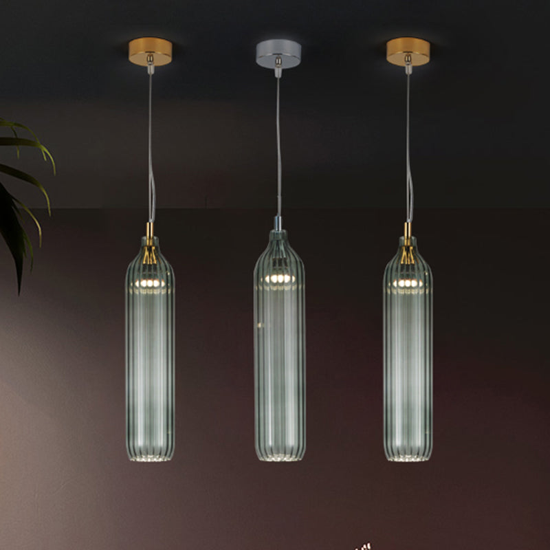 Cylinder Hanging Lighting Vintage Clear/Light Grey Ribbed Glass 1 Light Dining Room LED Pendant Lamp