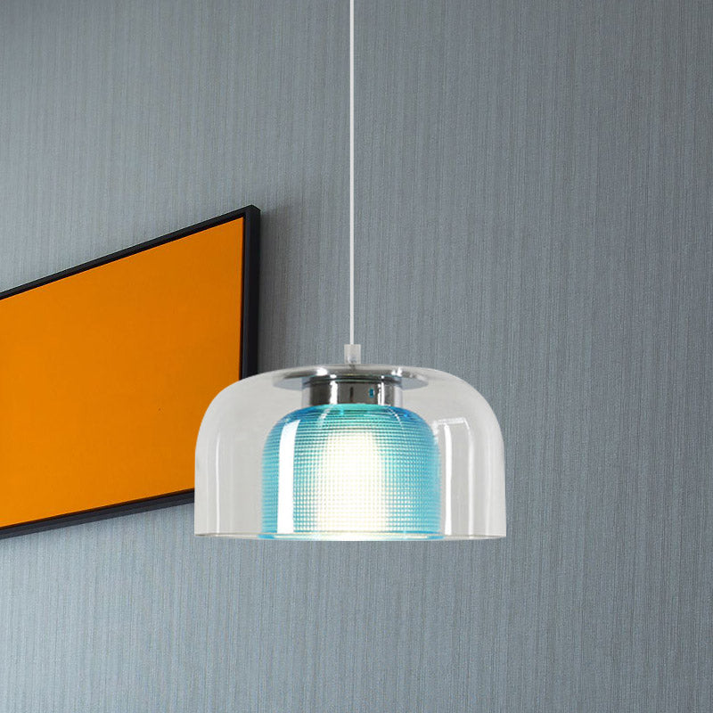 Bowl Restaurant Drop Pendant Light Clear and Blue Latticed Glass 1 Light Modernism Suspension Lamp